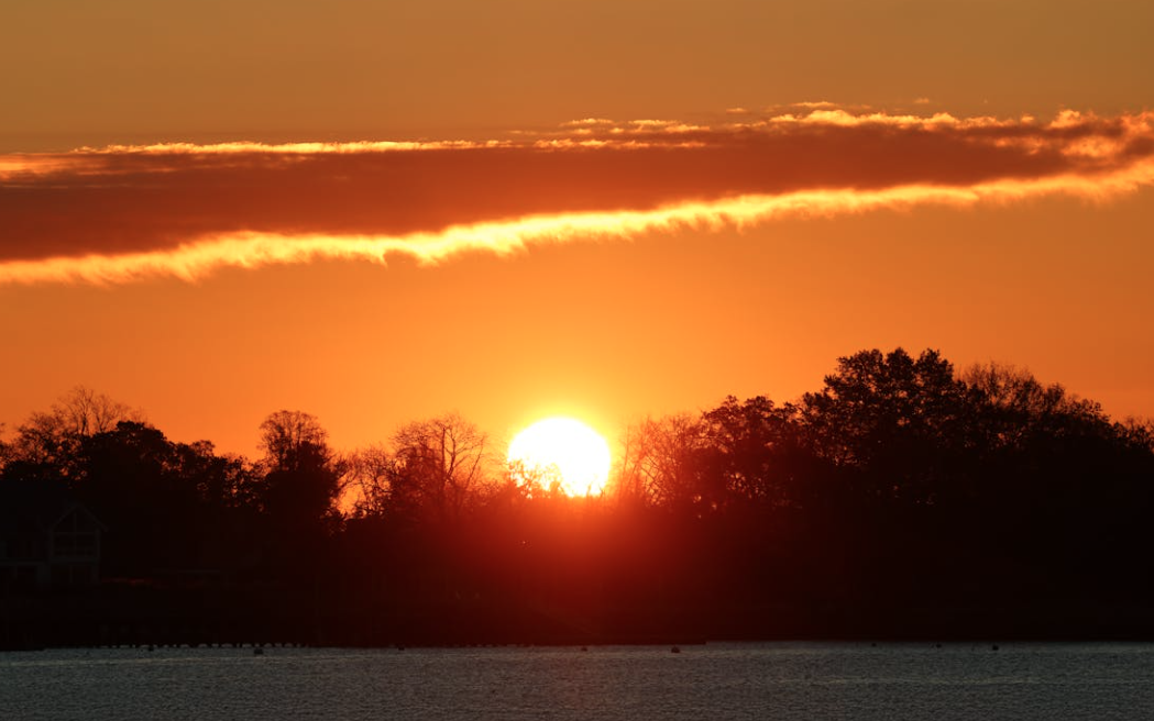 Sunset over a lake with silhouetted trees and an orange sky