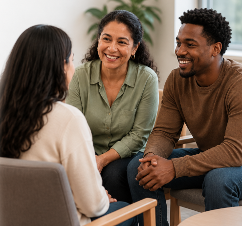 Two adults engaged in a supportive counseling conversation with another person in a comfortable therapy setting.