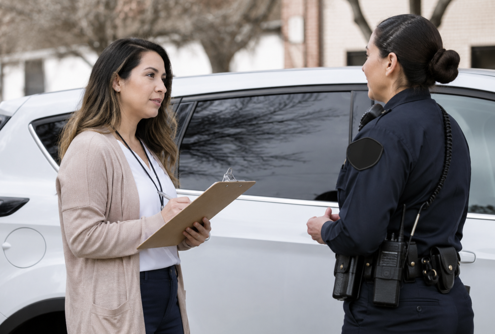 Behavioral health professional speaks with a police officer beside a vehicle while taking notes on a clipboard.