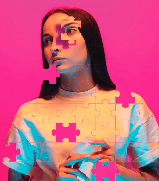 Woman shown with a jigsaw puzzle overlay and several missing pieces against a bright pink background.