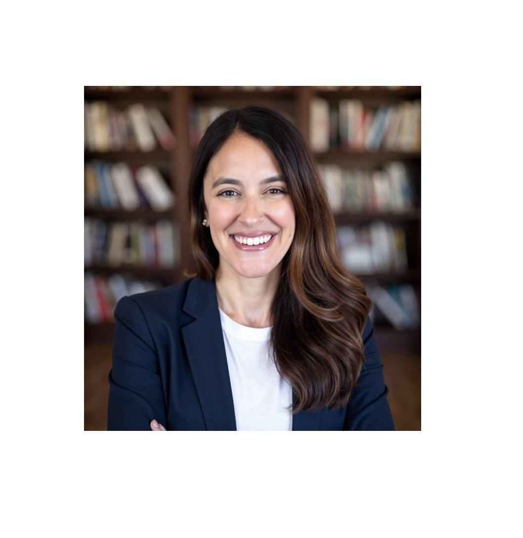 profile photo of Stephanie Marcello with blurred background of books on a shelf.