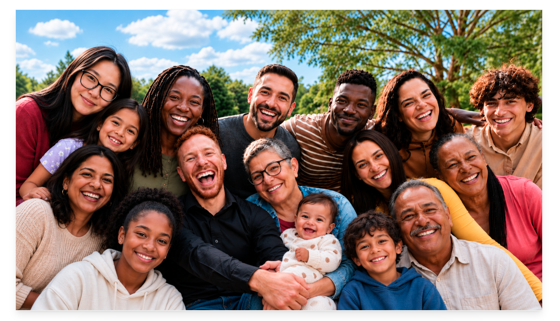 Diverse group of adults of different ages smiling together outdoors on a sunny day.