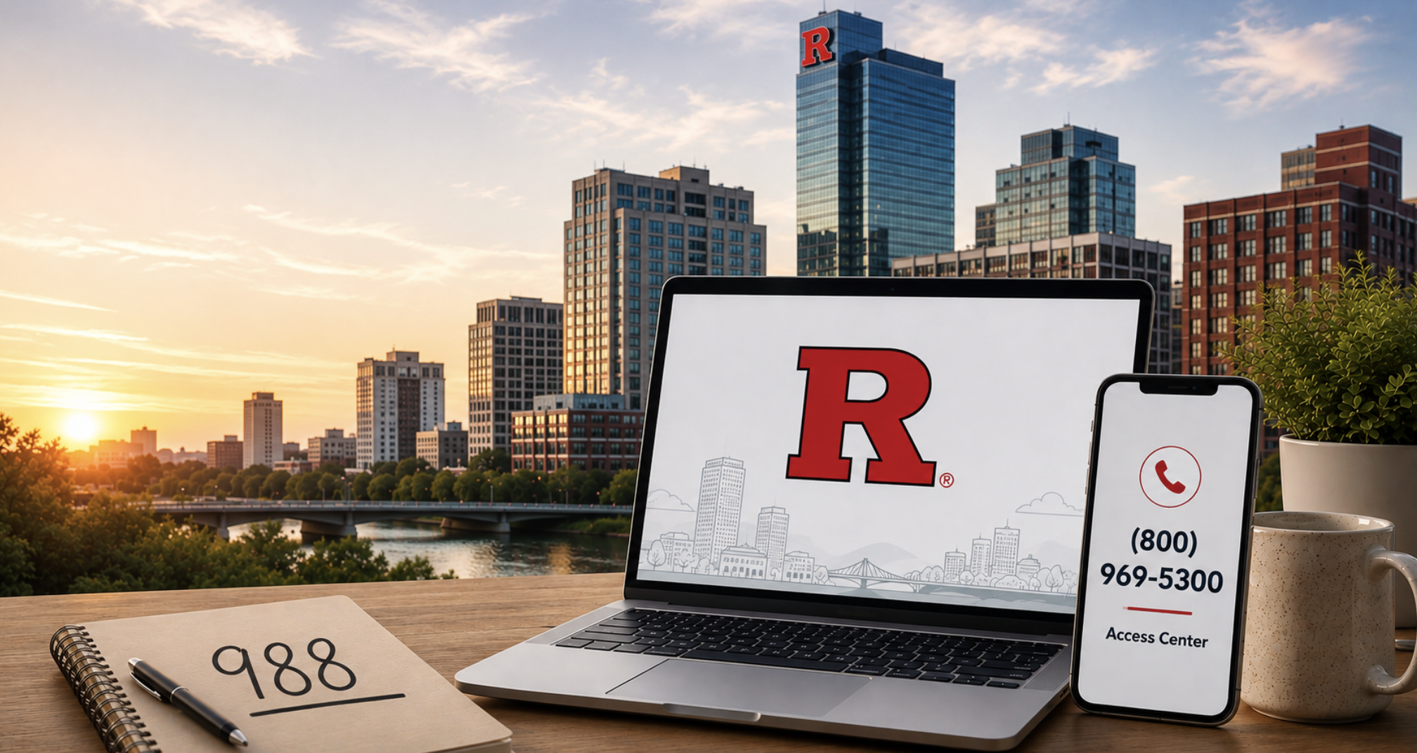 Rutgers branding displayed on a laptop beside a phone showing the Access Center number, (800) 969-5300, with “988” written on a notebook.