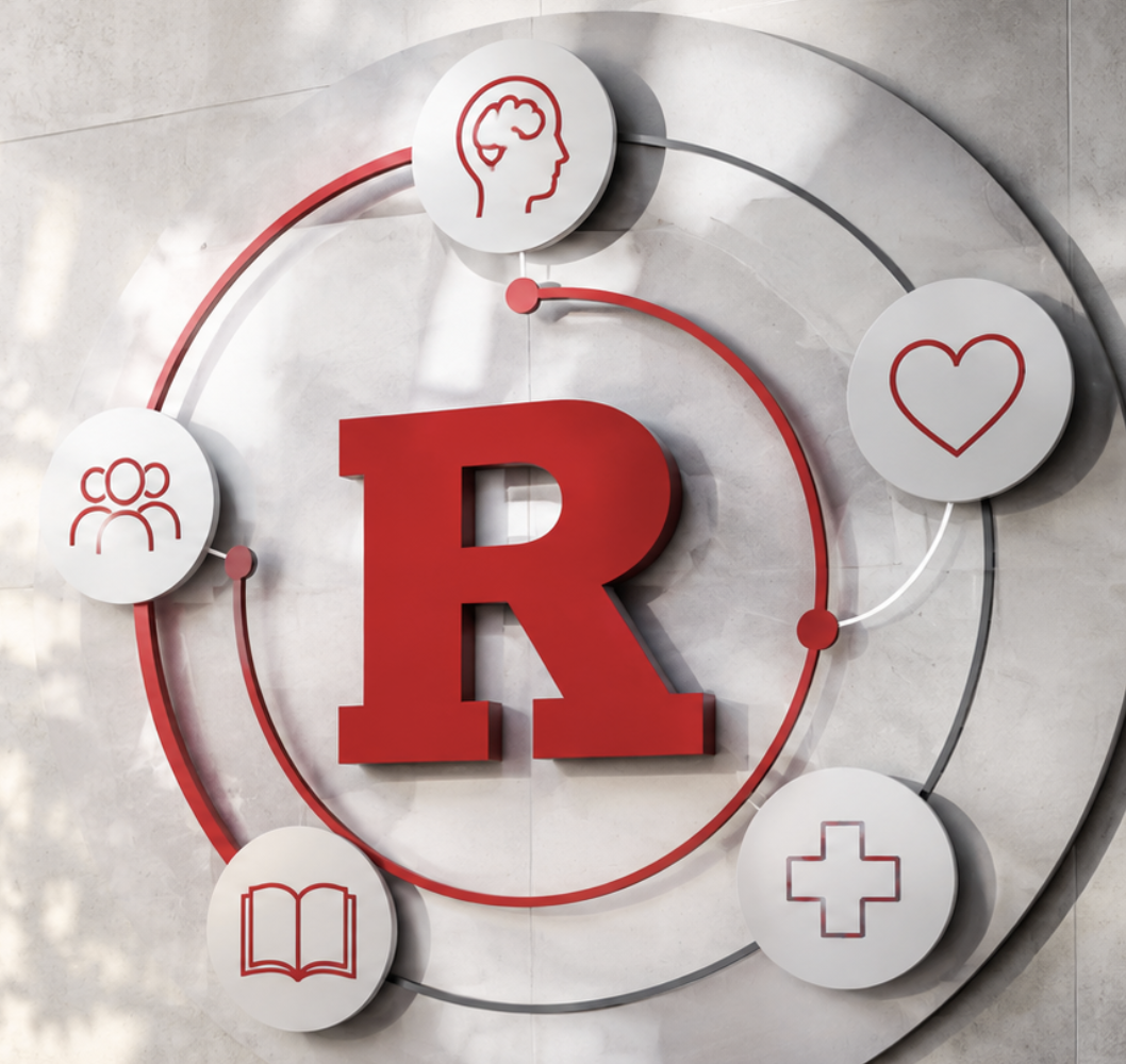 Rutgers red “R” surrounded by connected icons representing behavioral health, community, education, health care, and wellness.