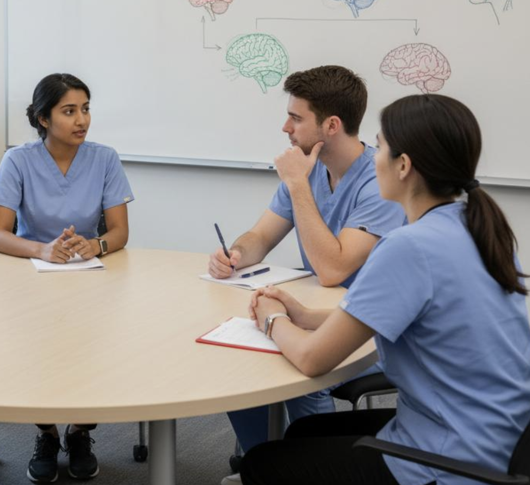Three health care professionals in blue scrubs participate in a discussion around a conference table, with drawings of the brain on a whiteboard behind them.