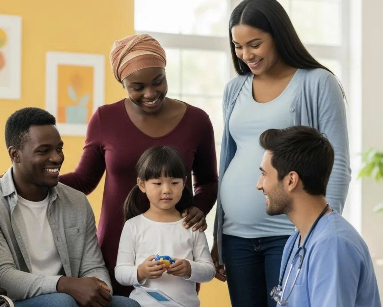 A young child stands with family members while speaking with a health care professional in a welcoming clinical setting.