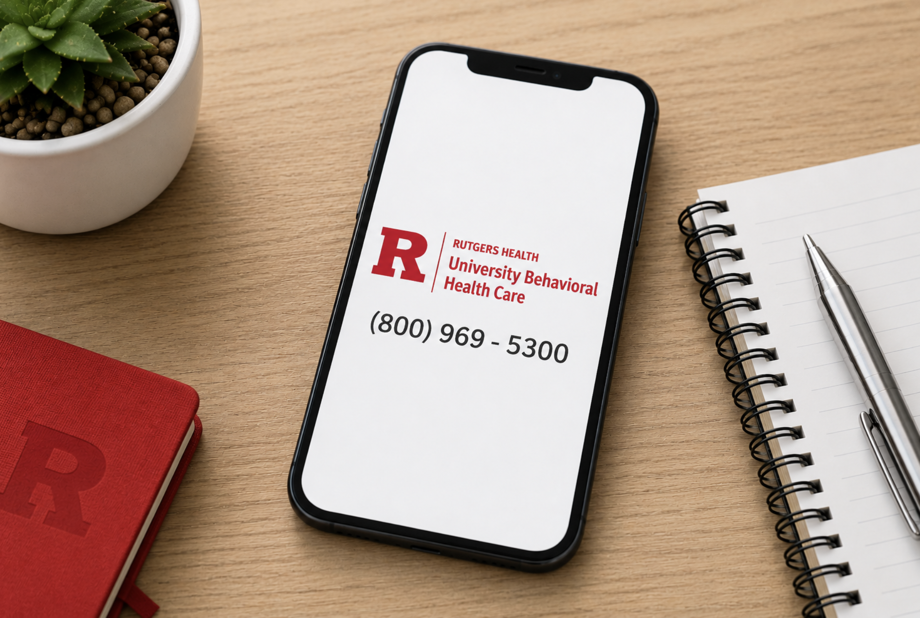 Smartphone displaying the Rutgers University Behavioral Health Care logo and 800-969-5300 contact number on a desk beside a notebook and pen.