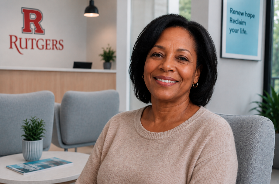 Smiling woman seated in a welcoming Rutgers behavioral health care waiting room.