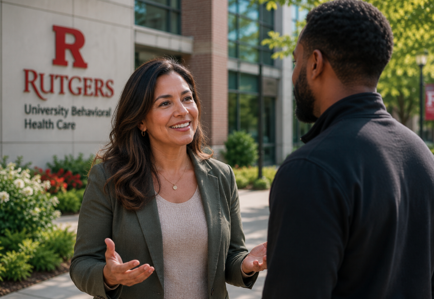 Latina woman and Black man having a friendly conversation outside a Rutgers University Behavioral Health Care building.