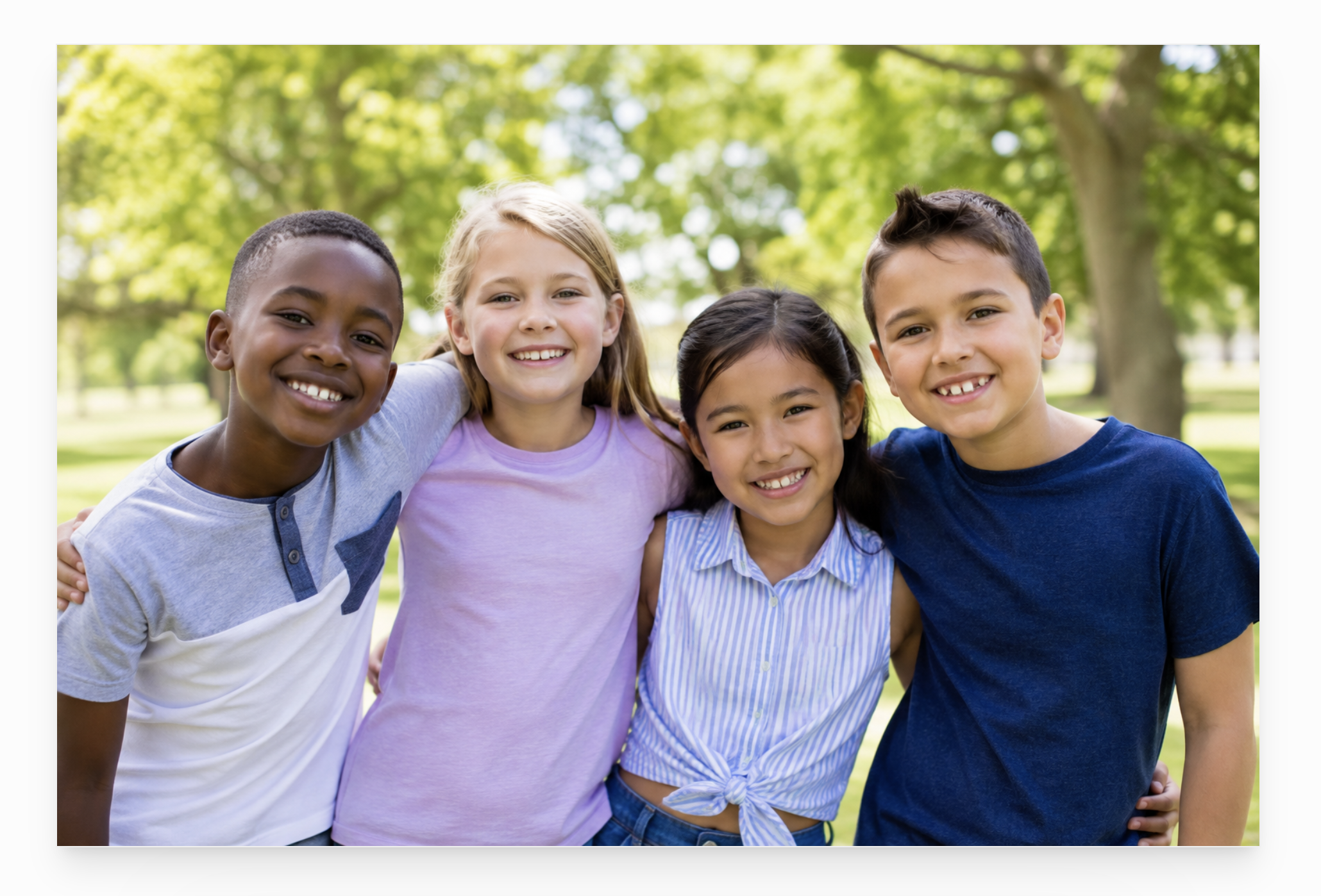 Four diverse school-age children smiling together in a park with trees in the background.