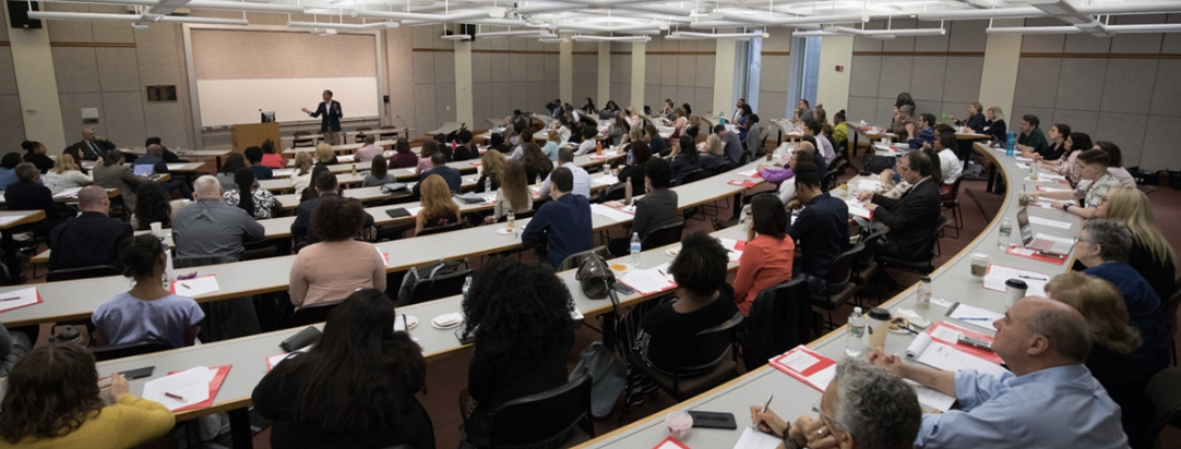 Large group of professionals participating in an instructor-led training session in a university lecture hall.