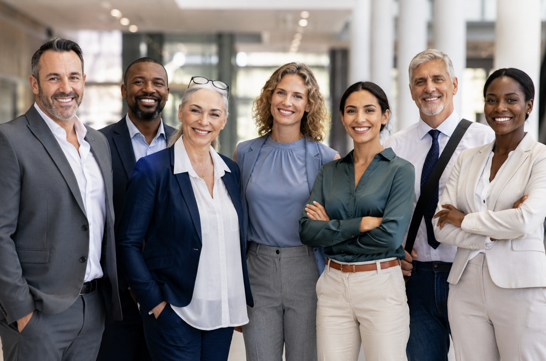aDiverse group of professionals of different ages and backgrounds standing together in a professional setting.