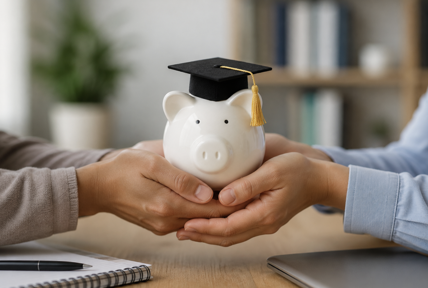 Hands holding a piggy bank topped with a graduation cap, representing financial support for education and professional development.