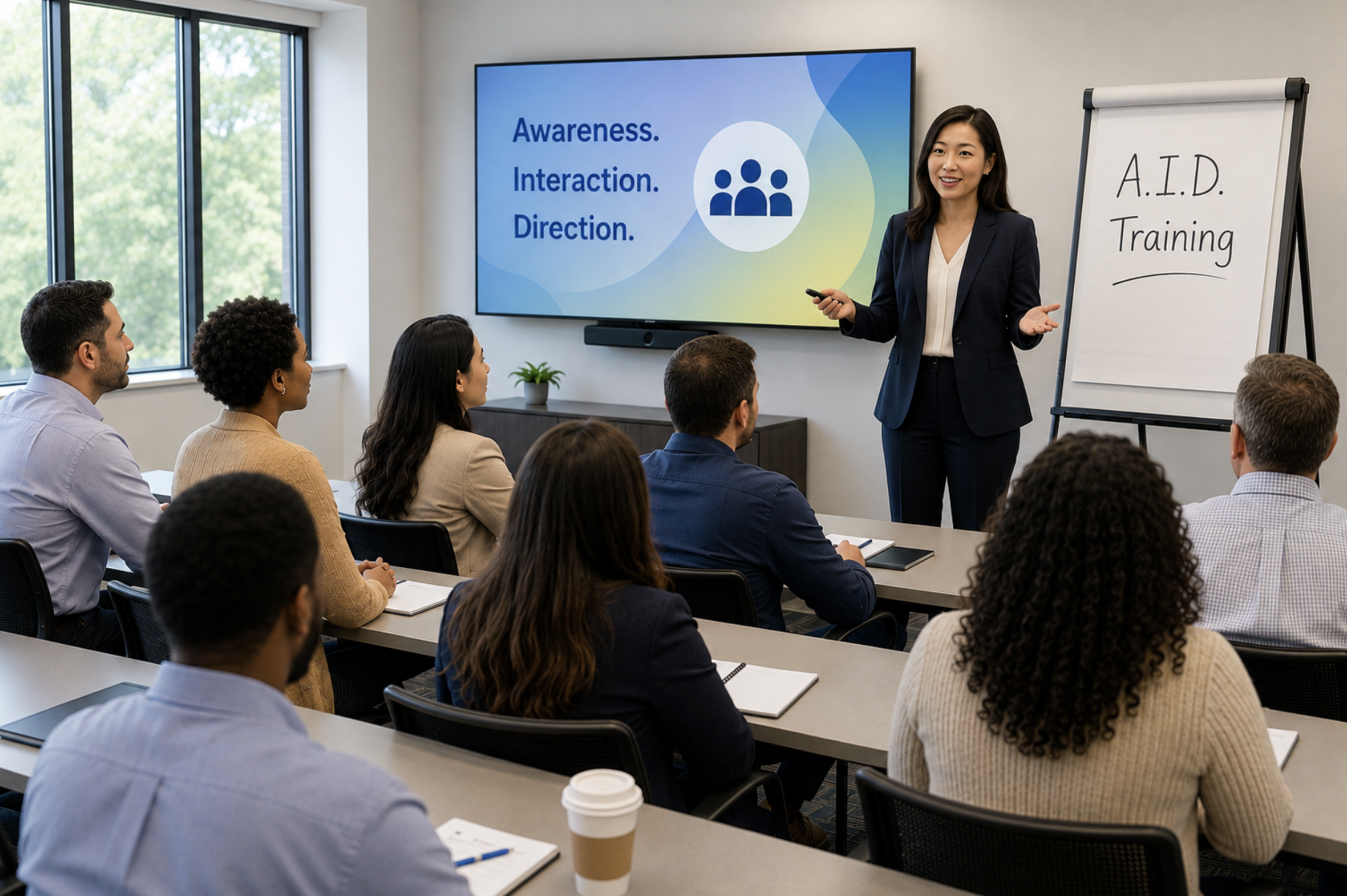 Woman facilitator leads an A.I.D. Training session for a diverse group of professionals seated at classroom-style tables.