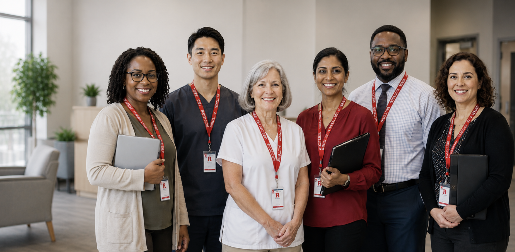 Diverse multidisciplinary behavioral health care team standing together in a professional outpatient clinic setting, representing coordinated, person-centered CCBHC services.