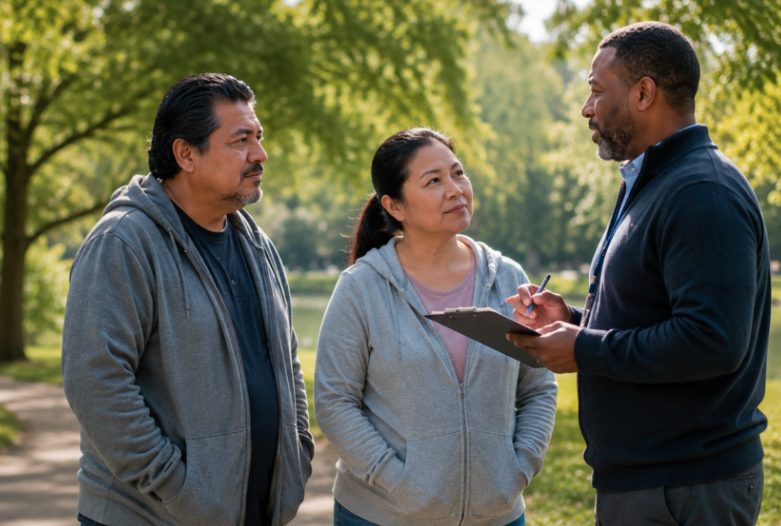 Adult residential services residents speak with a case manager holding a clipboard in a community park.