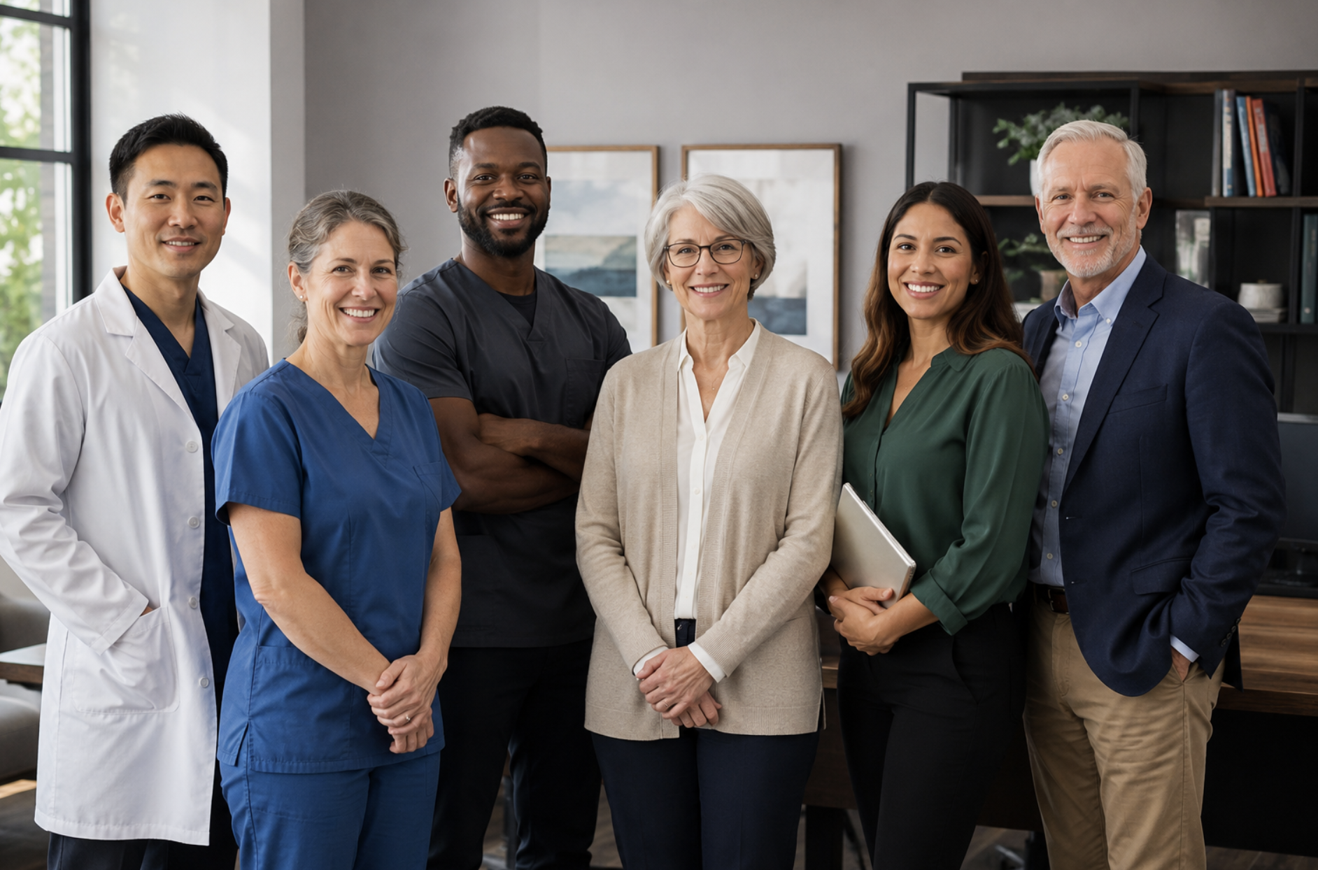 Diverse team of healthcare professionals of varying ages, including a physician, nurse, dentist, psychologist, social worker, and executive, standing together in a modern office.
