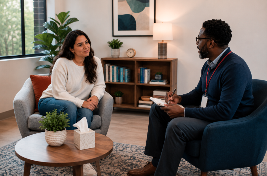 Black male therapist meeting with an adult woman in a comfortable outpatient counseling office.