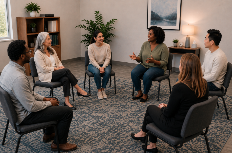 Six diverse adults seated in a circle participating in an engaging group therapy session.