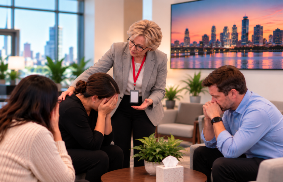 Asian psychologist wearing glasses and a Rutgers lanyard leads a debriefing with three distressed adults in an office.