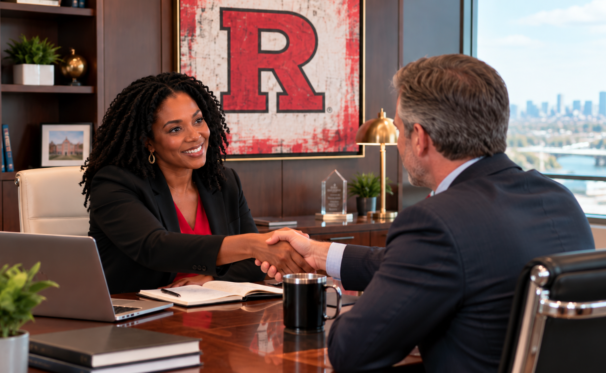 Black woman providing executive coaching to a white male executive in a professional office with a Rutgers R displayed in the background.