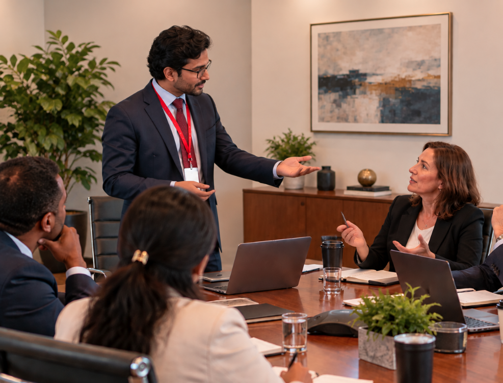 Indian psychologist wearing a red lanyard speaks with a diverse group of leaders during a management consultation in a boardroom.