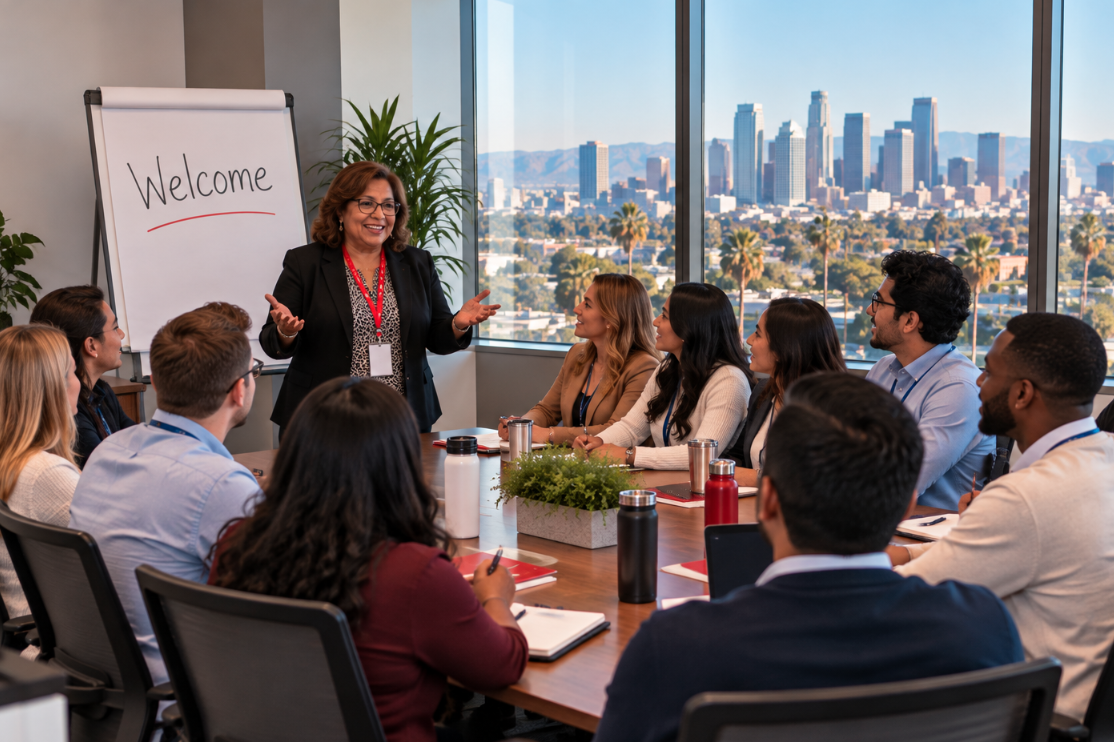 Woman wearing a red lanyard leads a new hire orientation for a diverse group of employees in a conference room.