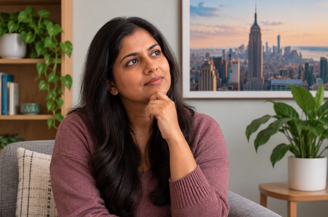 Woman thoughtfully considering her options.