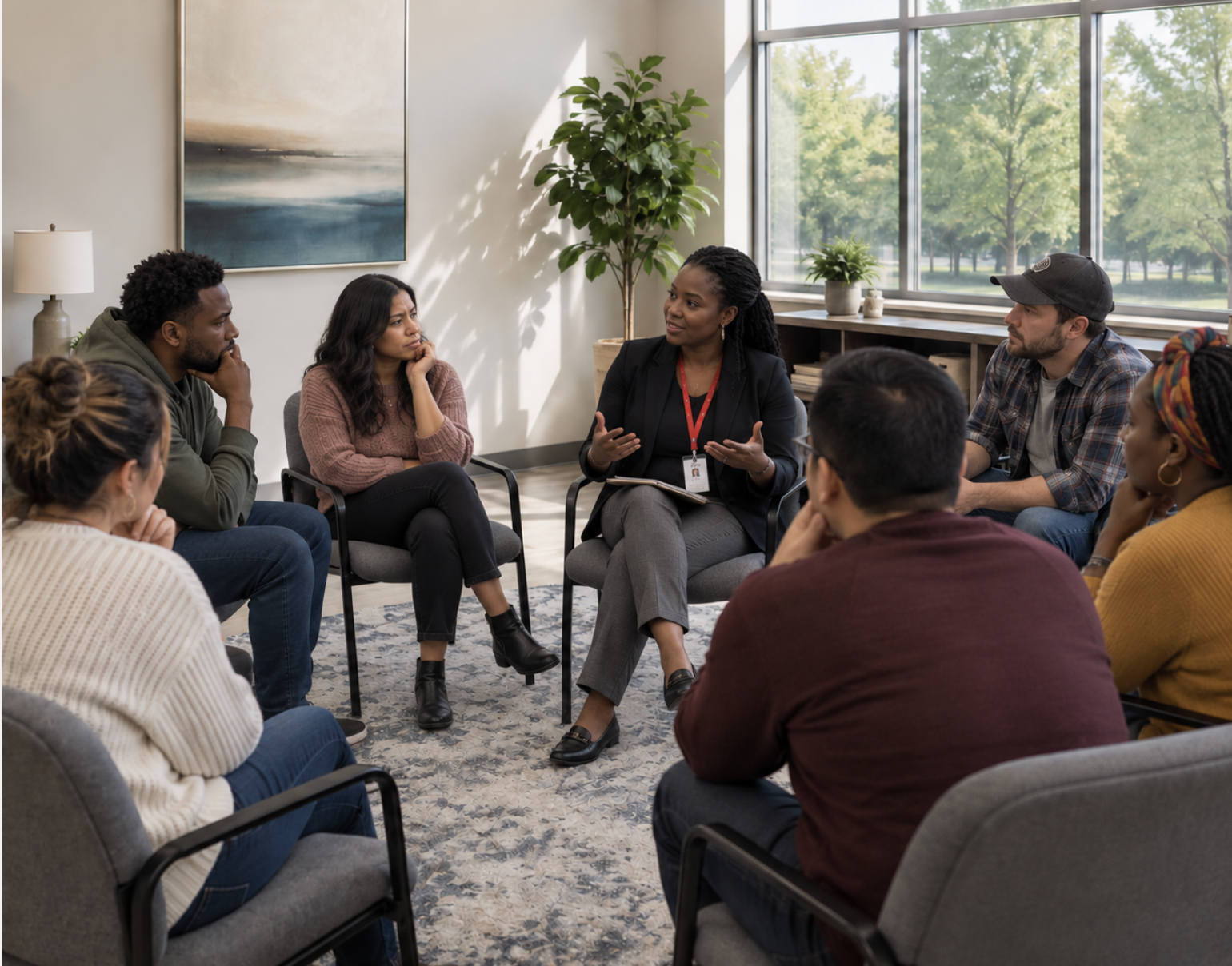 Bright group therapy room with individuals and a staff member chatting arranged in a circle.