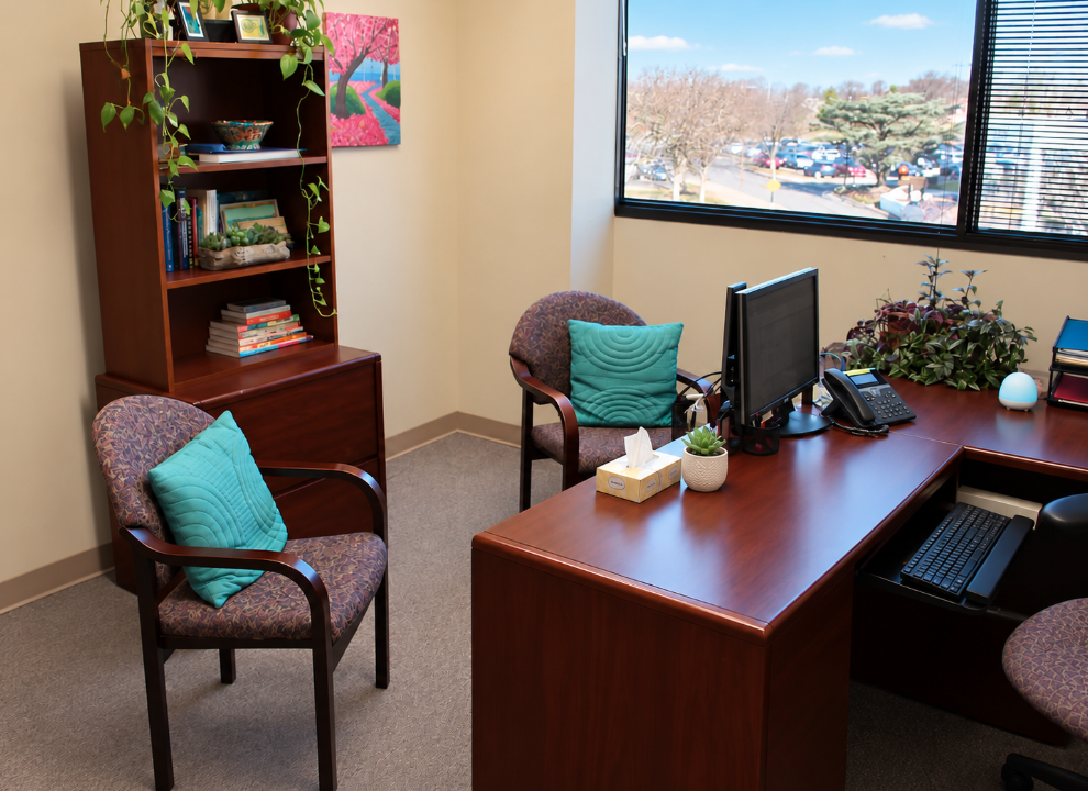 Bright, organized behavioral health office with two guest chairs, a desk, computer, plants, bookshelf, and large window.