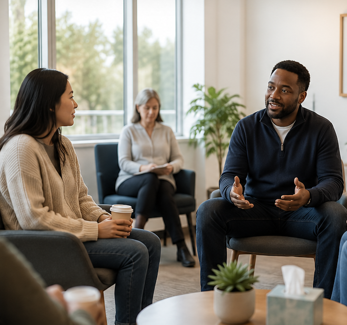 Diverse group of adults talking in a supportive setting.