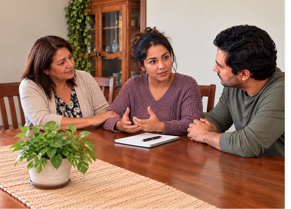 Latina family sitting at a dining room table supporting an adult woman taking the next steps towards her mental health treatment.