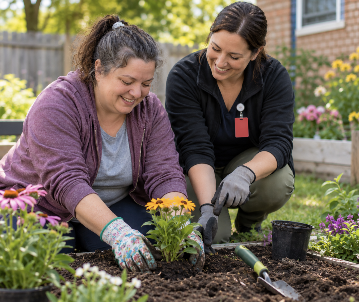 Woman and behavioral health staff member planting flowers together in a garden.