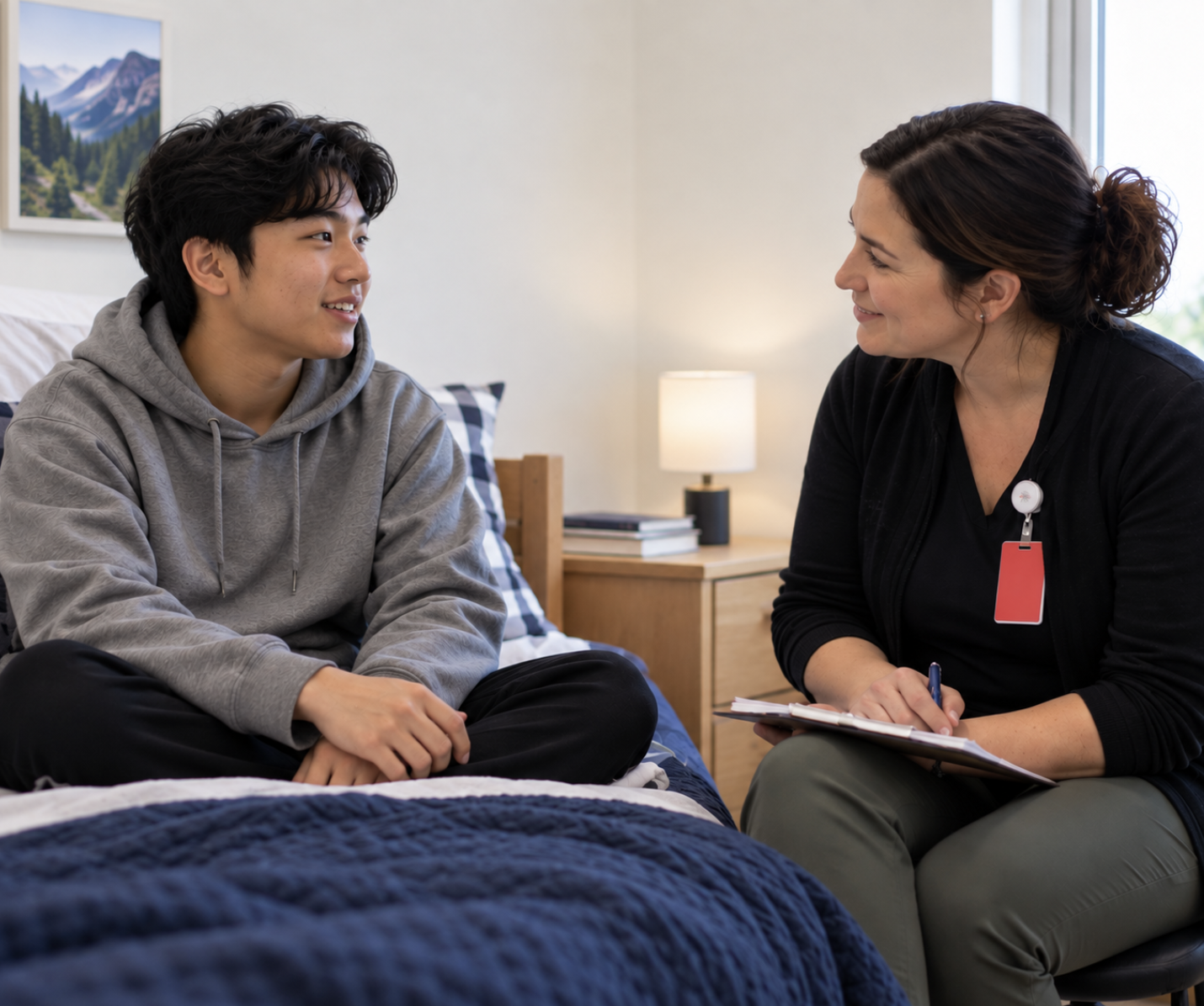 Young man sitting on a bed talking with a behavioral health professional in a supportive setting.