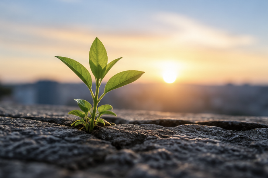 Green plant growing through rock with sunlight rising in the background