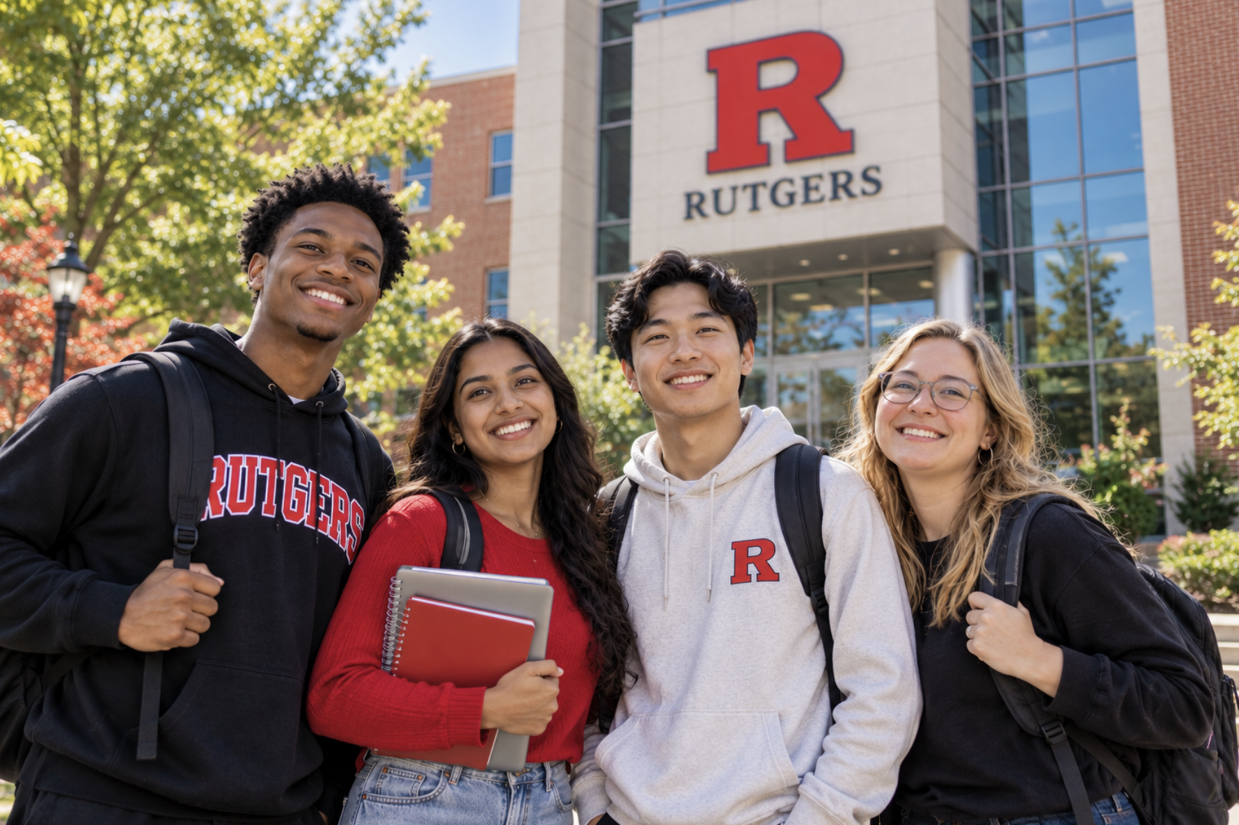Four diverse Rutgers students smiling together outside a Rutgers University building.