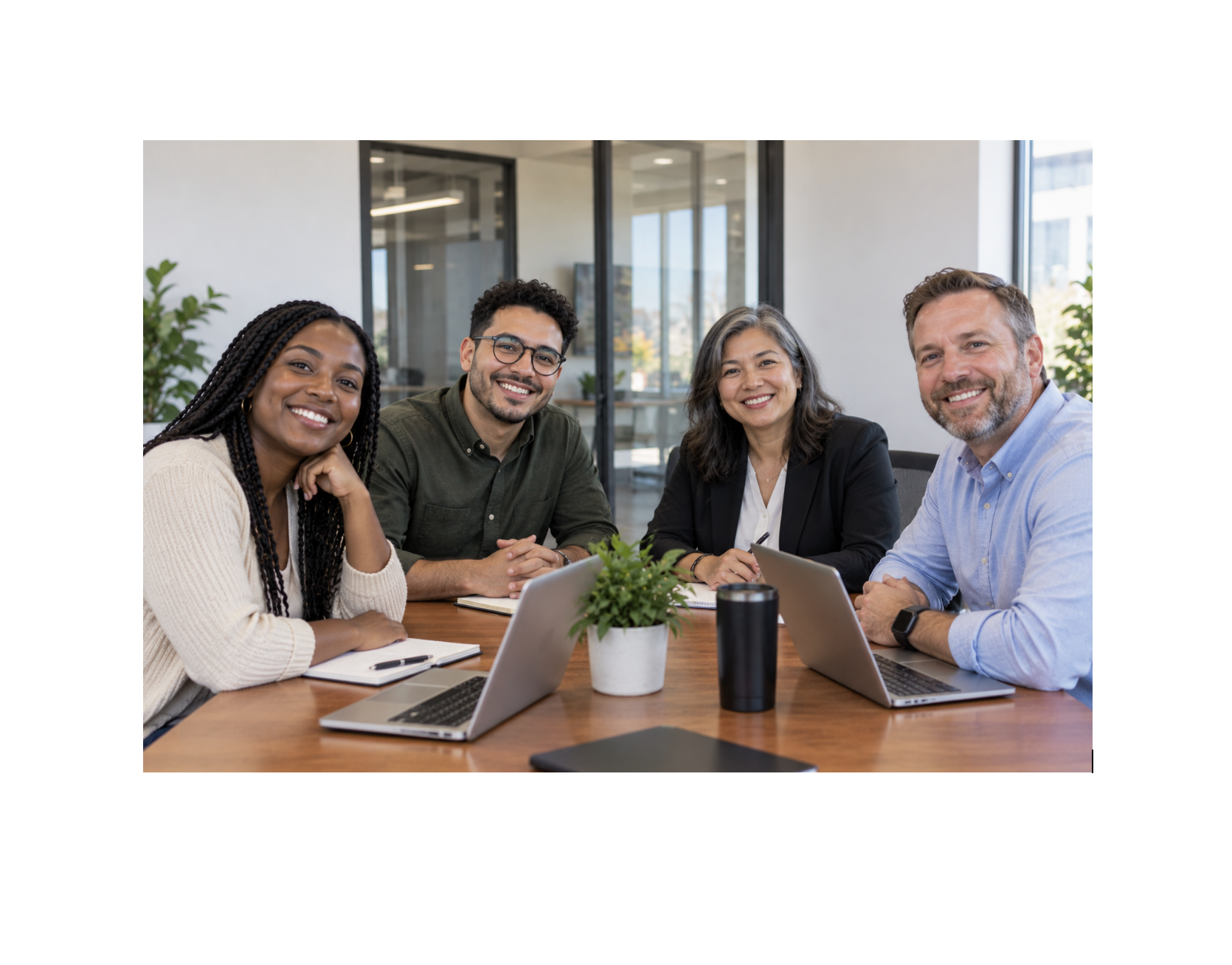 Four diverse professionals smiling together during a meeting in a modern office.