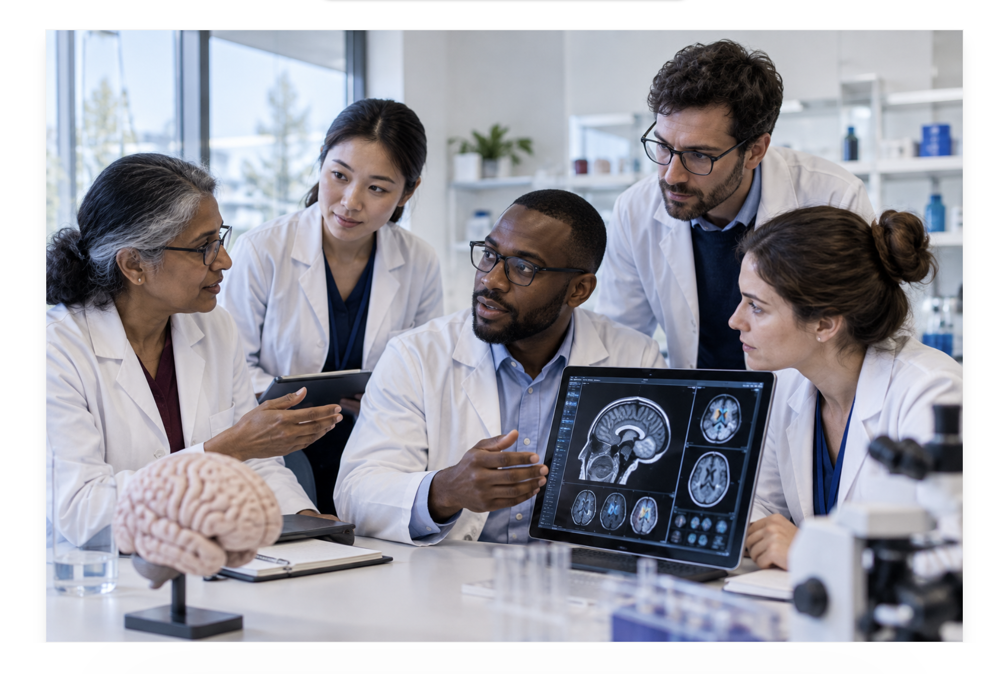 Diverse neuroscience researchers collaborate while reviewing brain imaging in a modern laboratory.