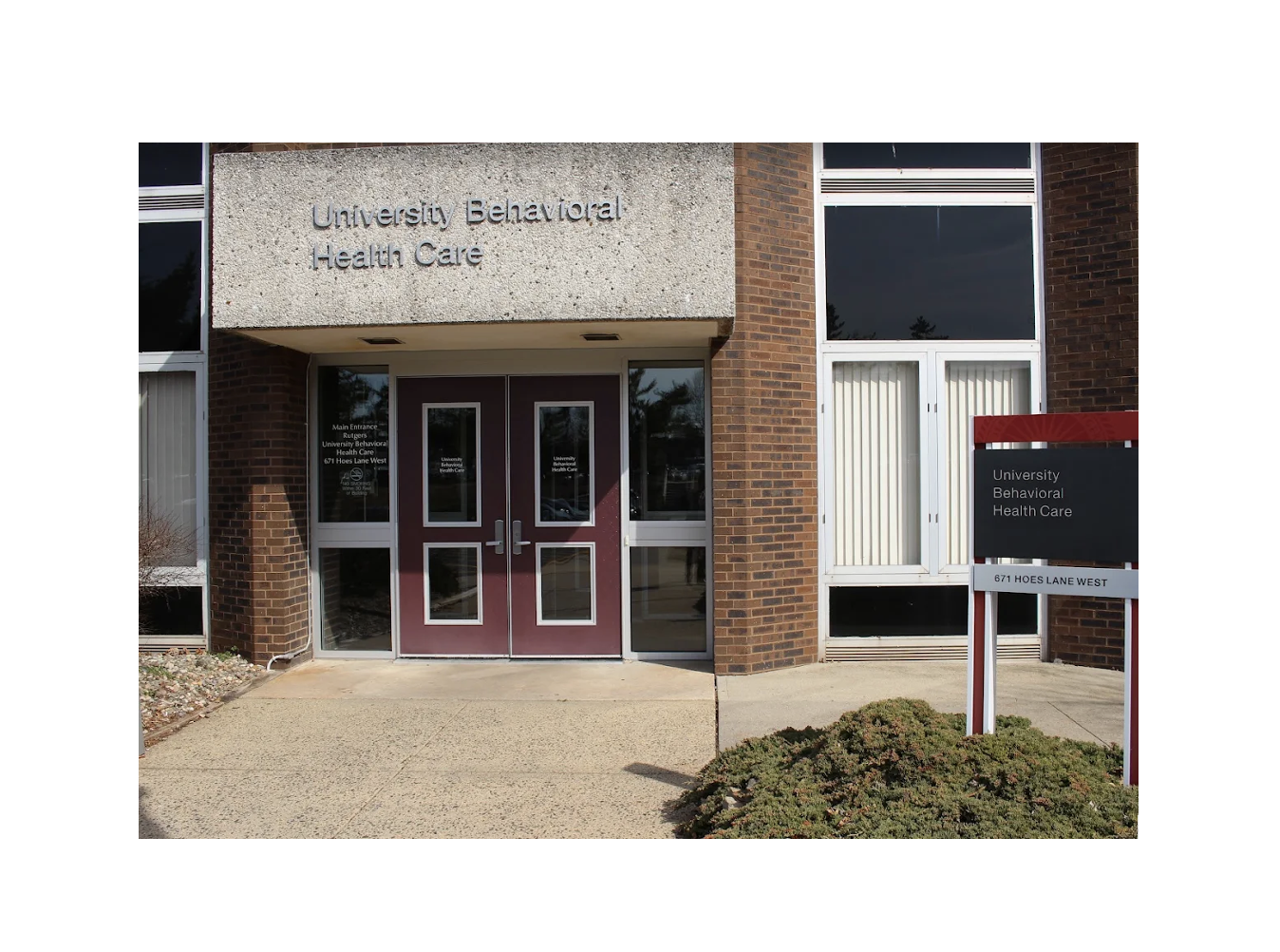Entrance to Rutgers University Behavioral Health Care building in Piscataway.