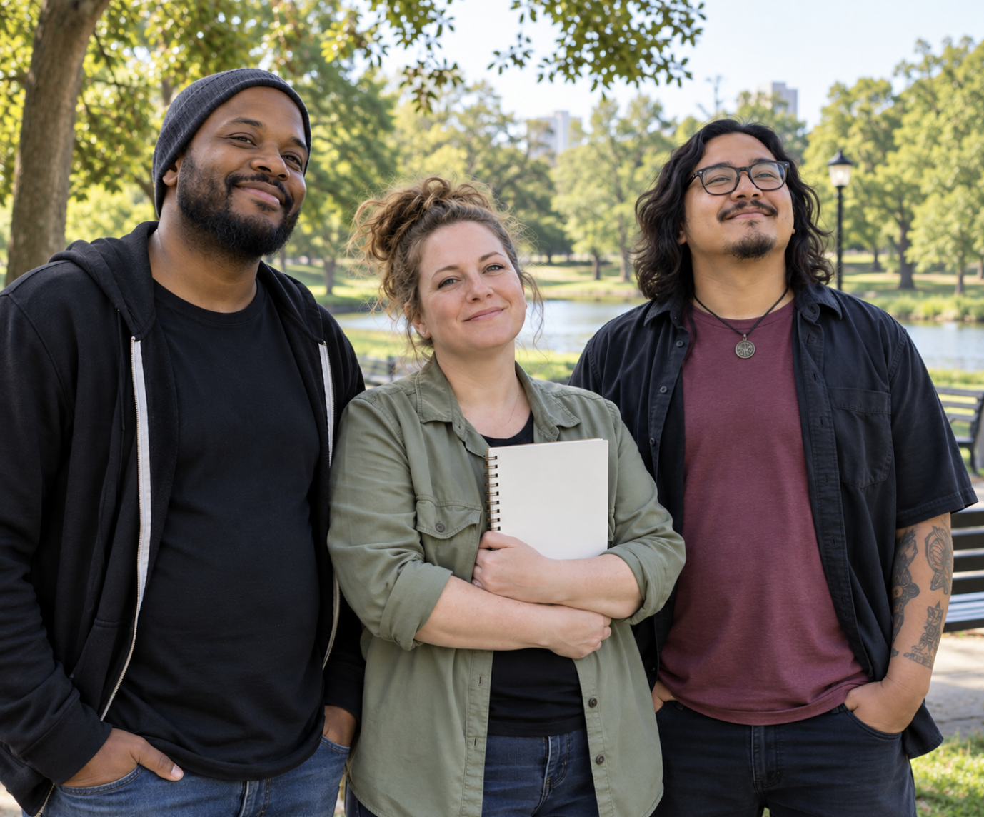 Three diverse adults standing together in a park, smiling and enjoying the outdoors.