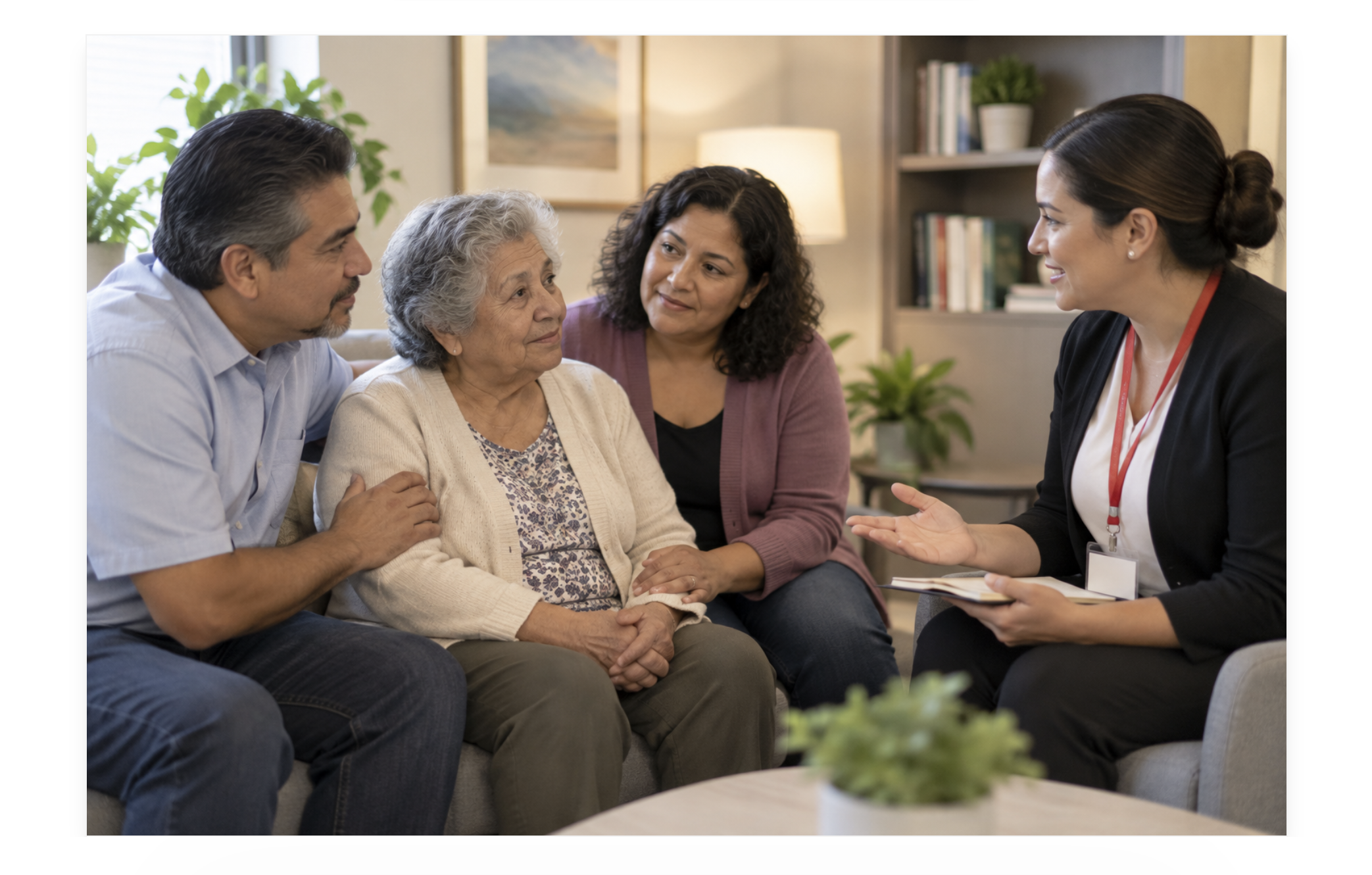Older Latina woman with family members meeting with a behavioral health professional in a supportive office setting.