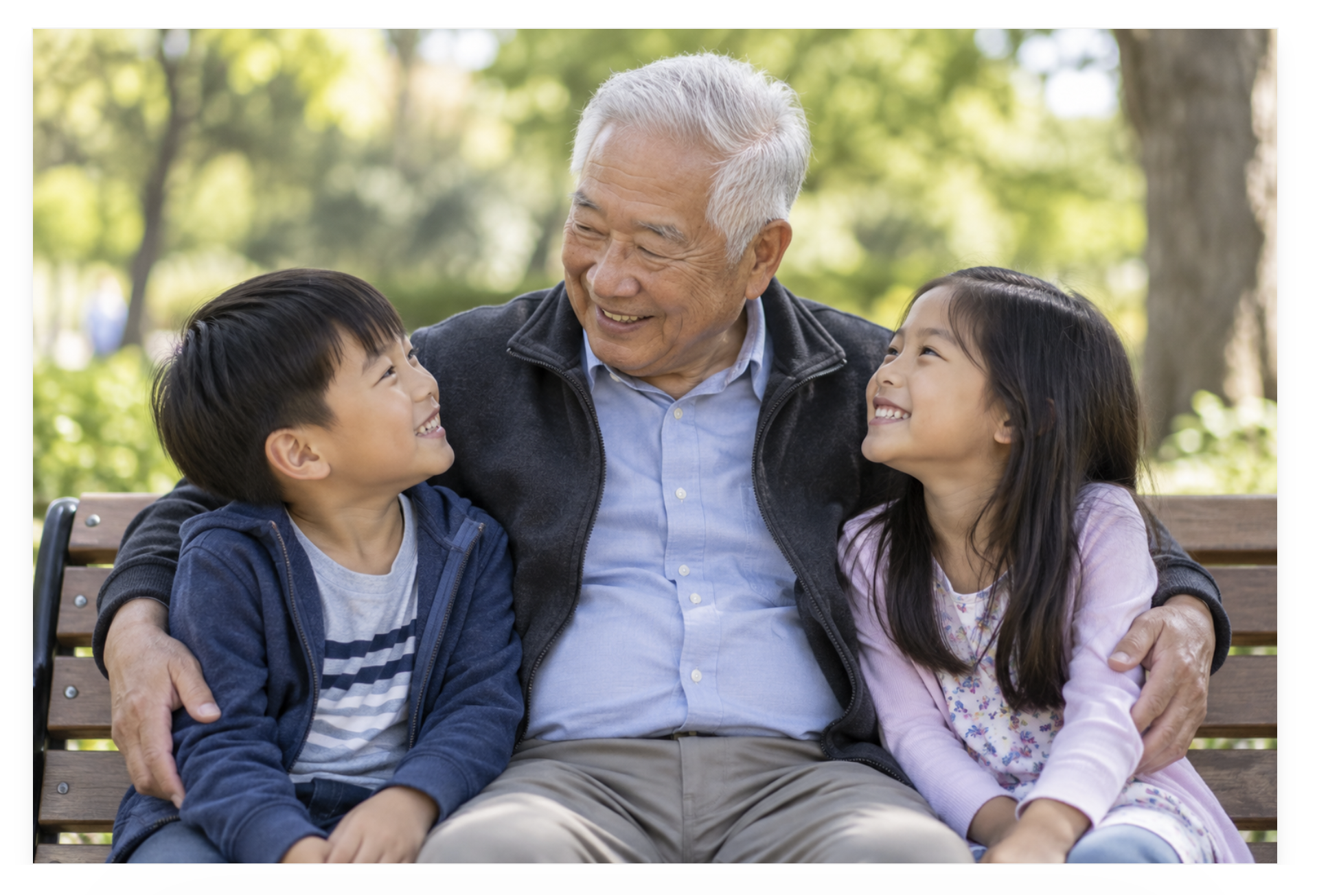 Older Asian man smiling with his two grandchildren while sitting together on a park bench.