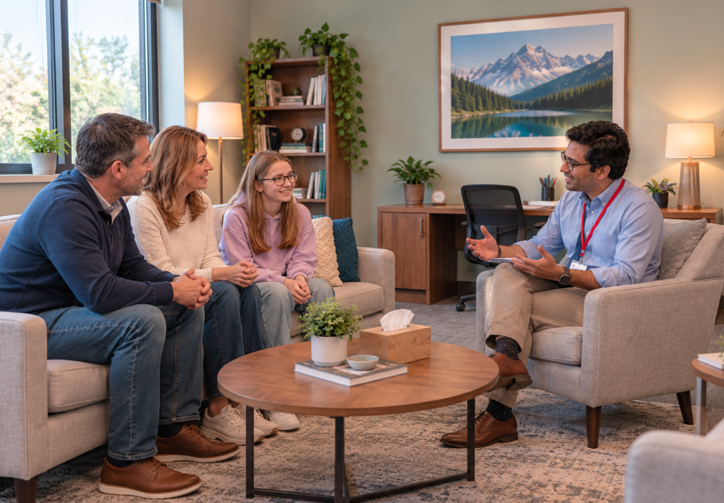 Young girl with her parents talking with a psychologist in a welcoming office.