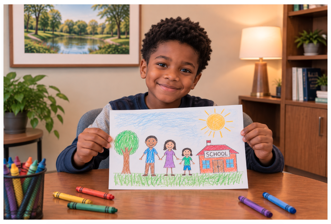Young boy smiling while holding a colorful drawing of his family, school, and a sunny day.
