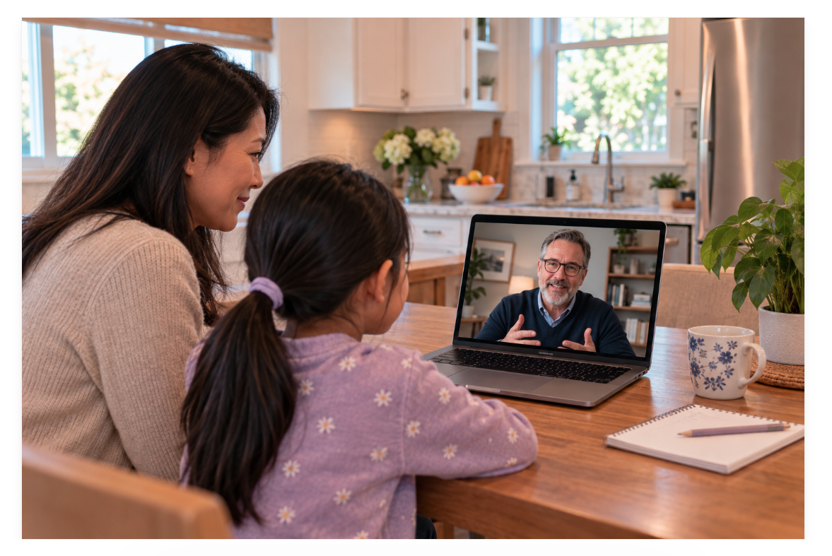 Asian mother and daughter participate in a telehealth session with a psychologist from their kitchen table.