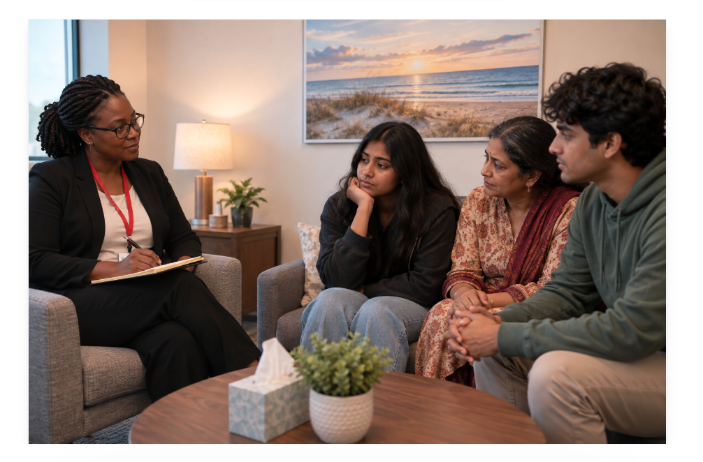 Psychologist meeting with a young adult and family members in a supportive clinical setting.