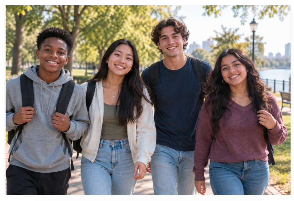 Four diverse teens and young adults smiling while walking together through a park.