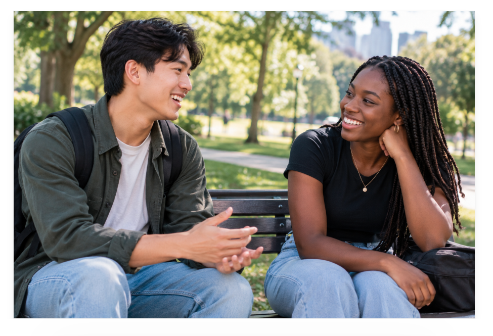 Two young adults smiling and talking together on a park bench.