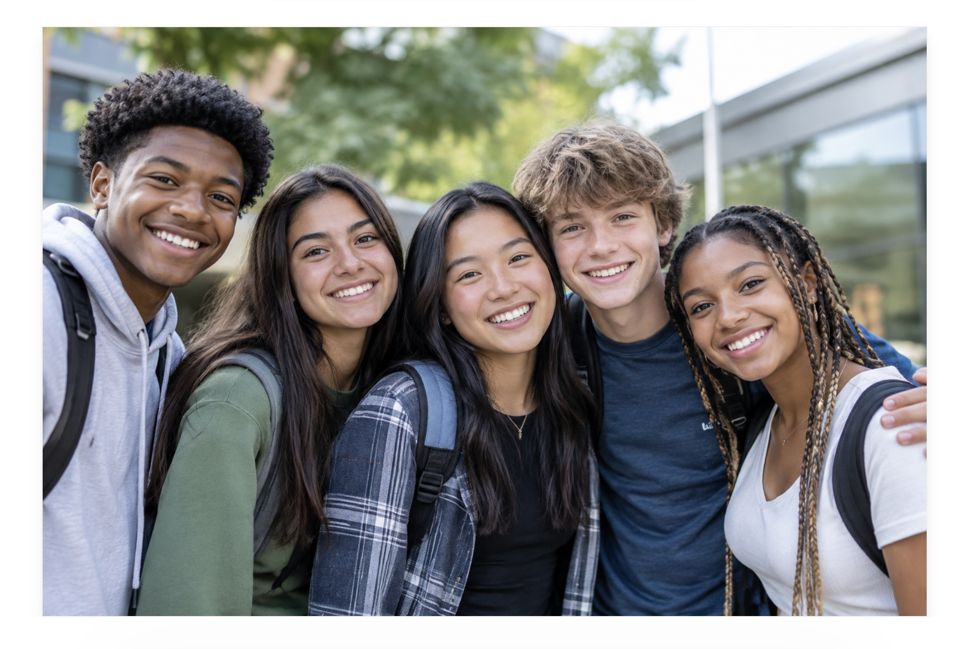 Five diverse adolescents smiling together outdoors, representing friendship, inclusion, and positive mental health.