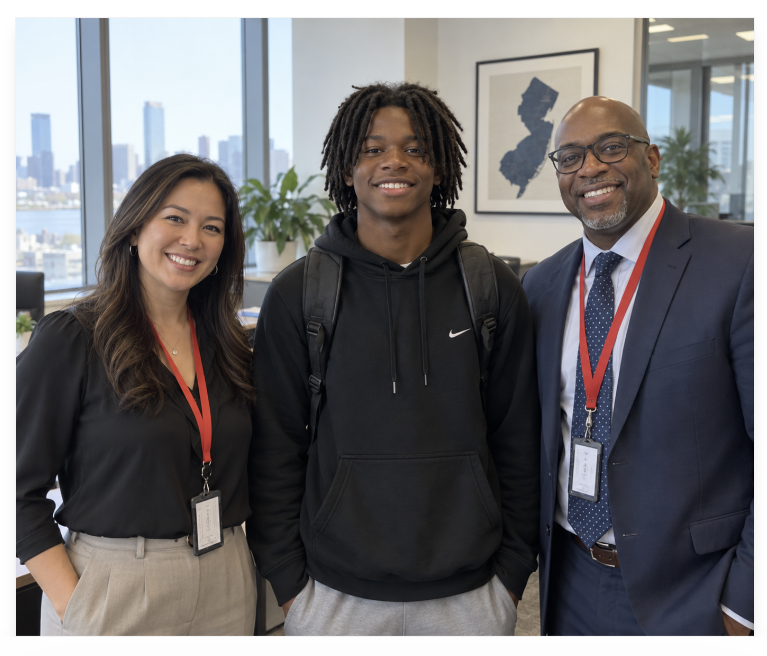Two professionals wearing red lanyards stand smiling with a Black teenager with dreadlocks and a backpack in a bright office.